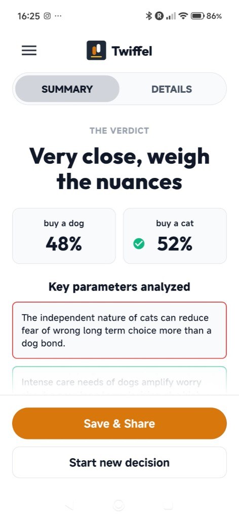 Twiffel summary verdict comparing two options with a share button