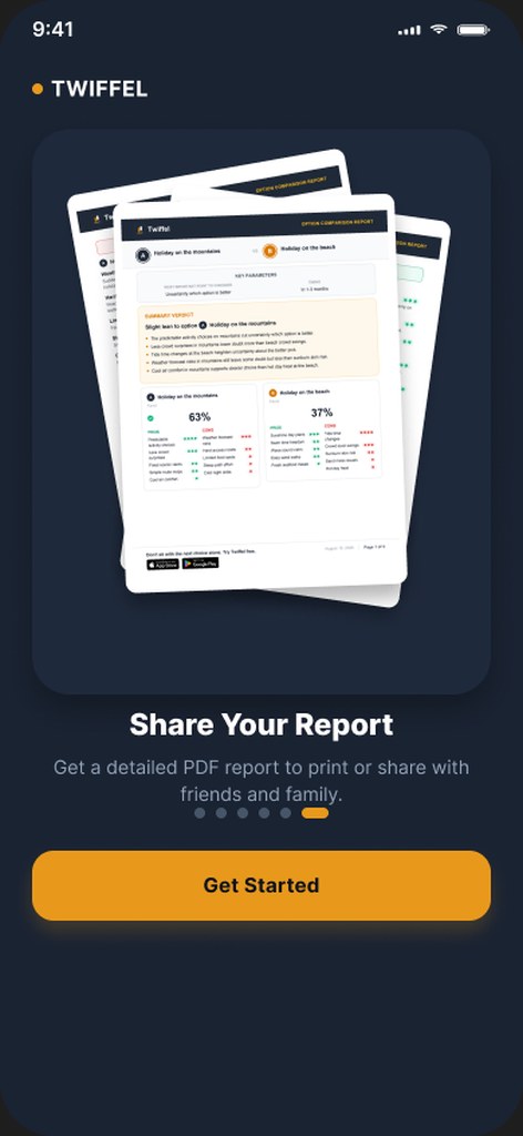 Twiffel shareable PDF report comparing two holiday options, the same report shown in the store graphic